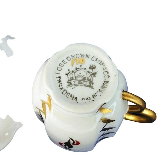 Demitasse Tea Cup and Saucer Rose Crown China Co Pasadena CA, Vintage Gold Red - Picture 8 of 9